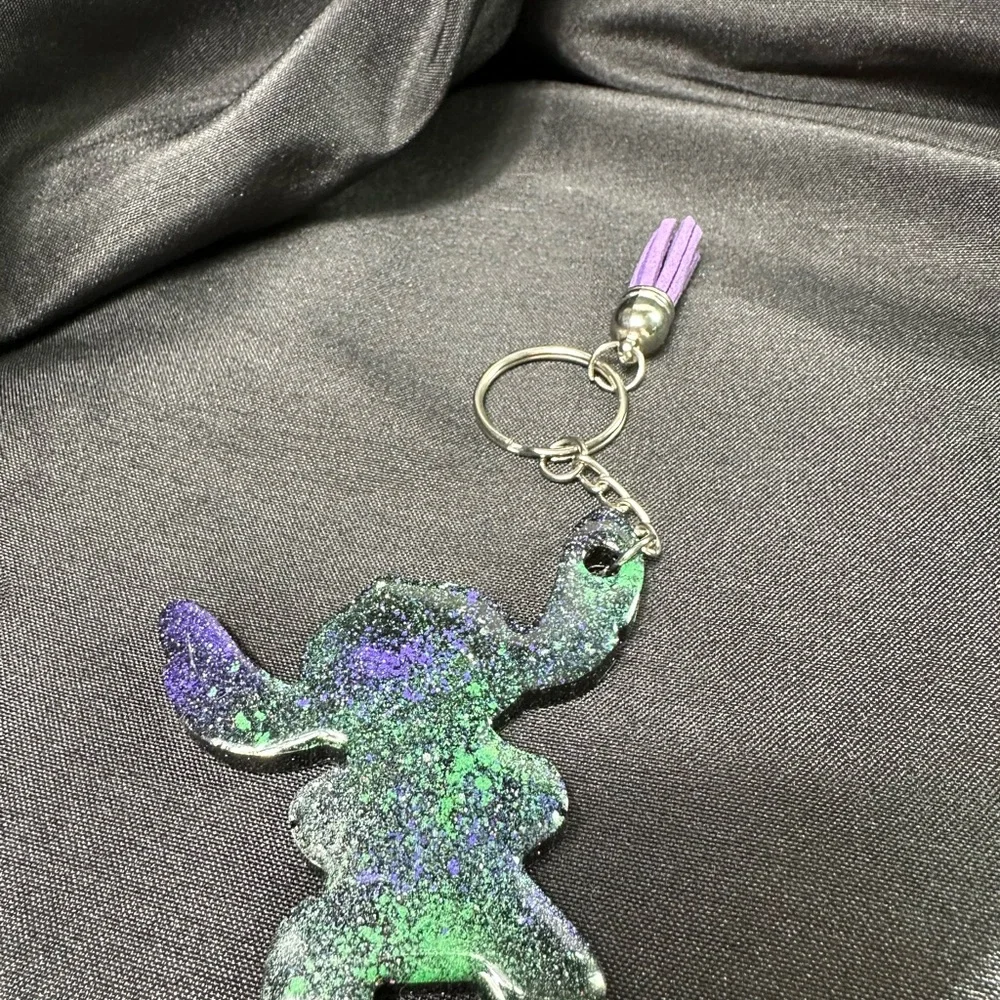 Glitter Purple & Green Stitch-Inspired Keychain with Tassel